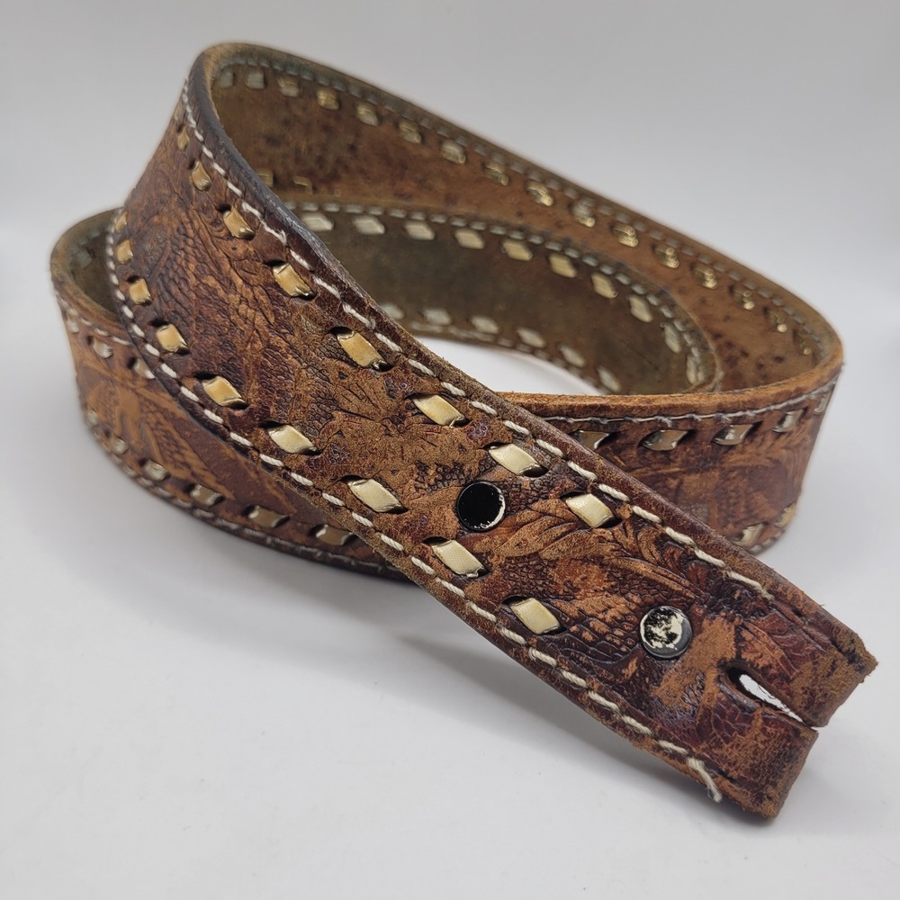 Brown Leather Belt 38 Tooled Whipstitch Lace Western Cowboy Boho Floral Rustic